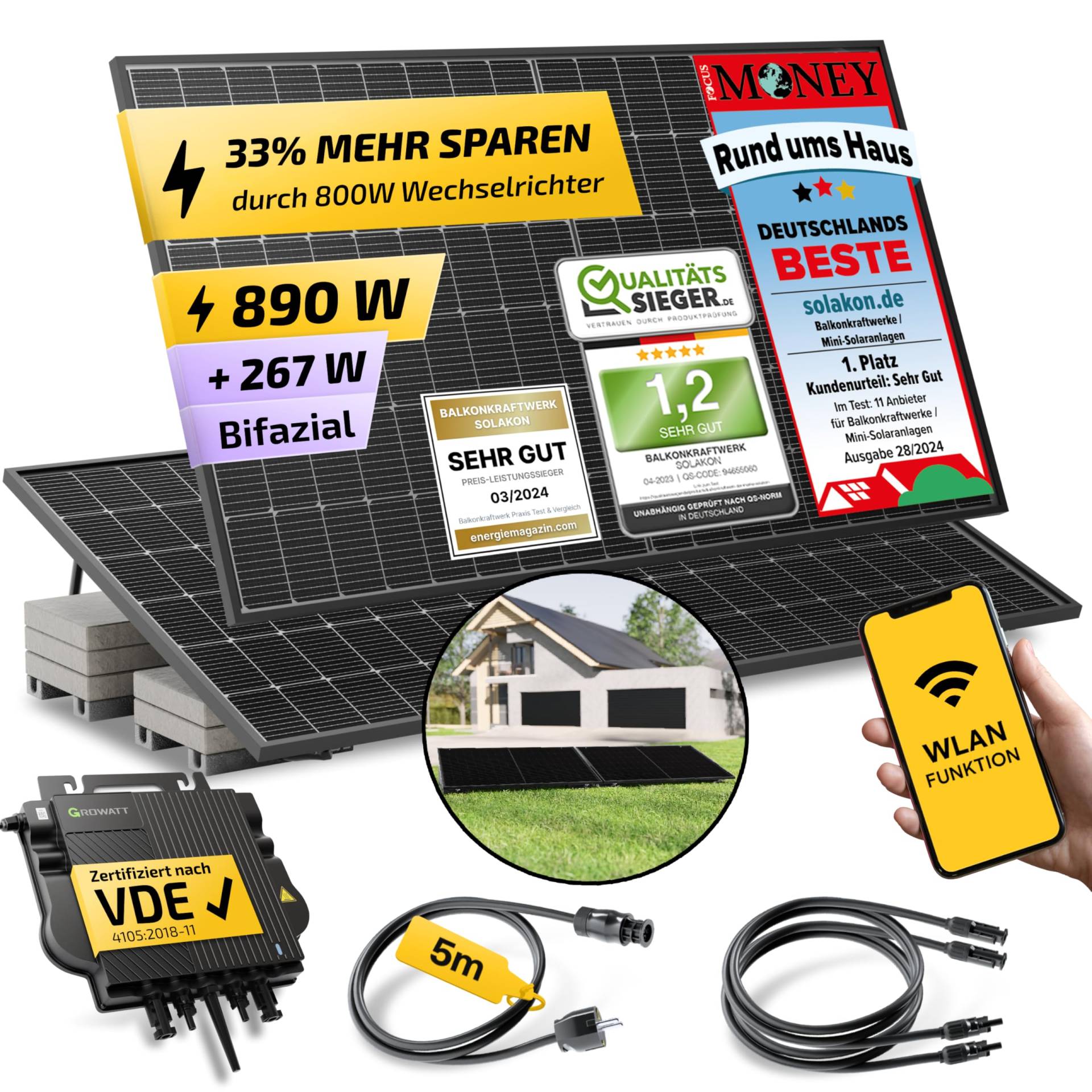 Solakon® 890W Balkonkraftwerk mit Halterung (Flachdach) - Balkonkraftwerk 800W komplett Steckdose - 800 Watt Wechselrichter - Solaranlage Komplettset - 445W bifaziale Solarmodule inkl. Zubehör von Solakon