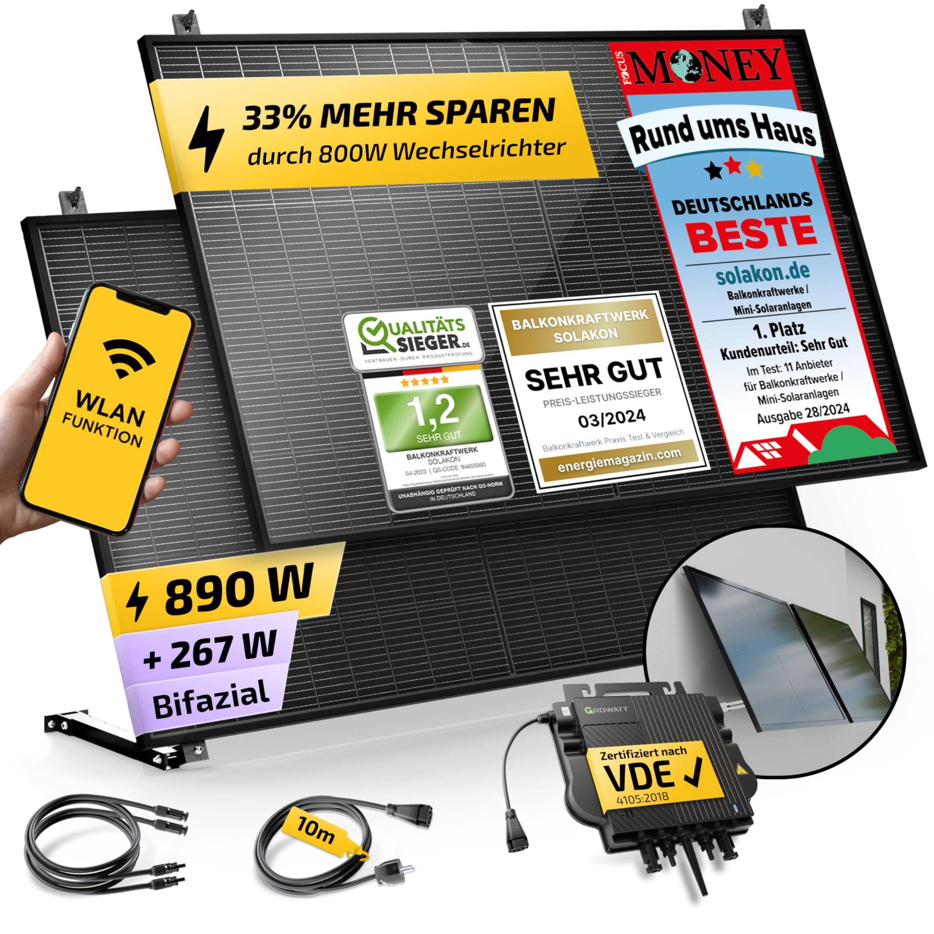 Solakon® 890W Balkonkraftwerk mit Halterung (Wand) - Balkonkraftwerk 800W komplett Steckdose - neuester 800 Watt Wechselrichter - Solaranlage Komplettset - 445W bifaziale Solarmodule inkl. Zubehör von Solakon