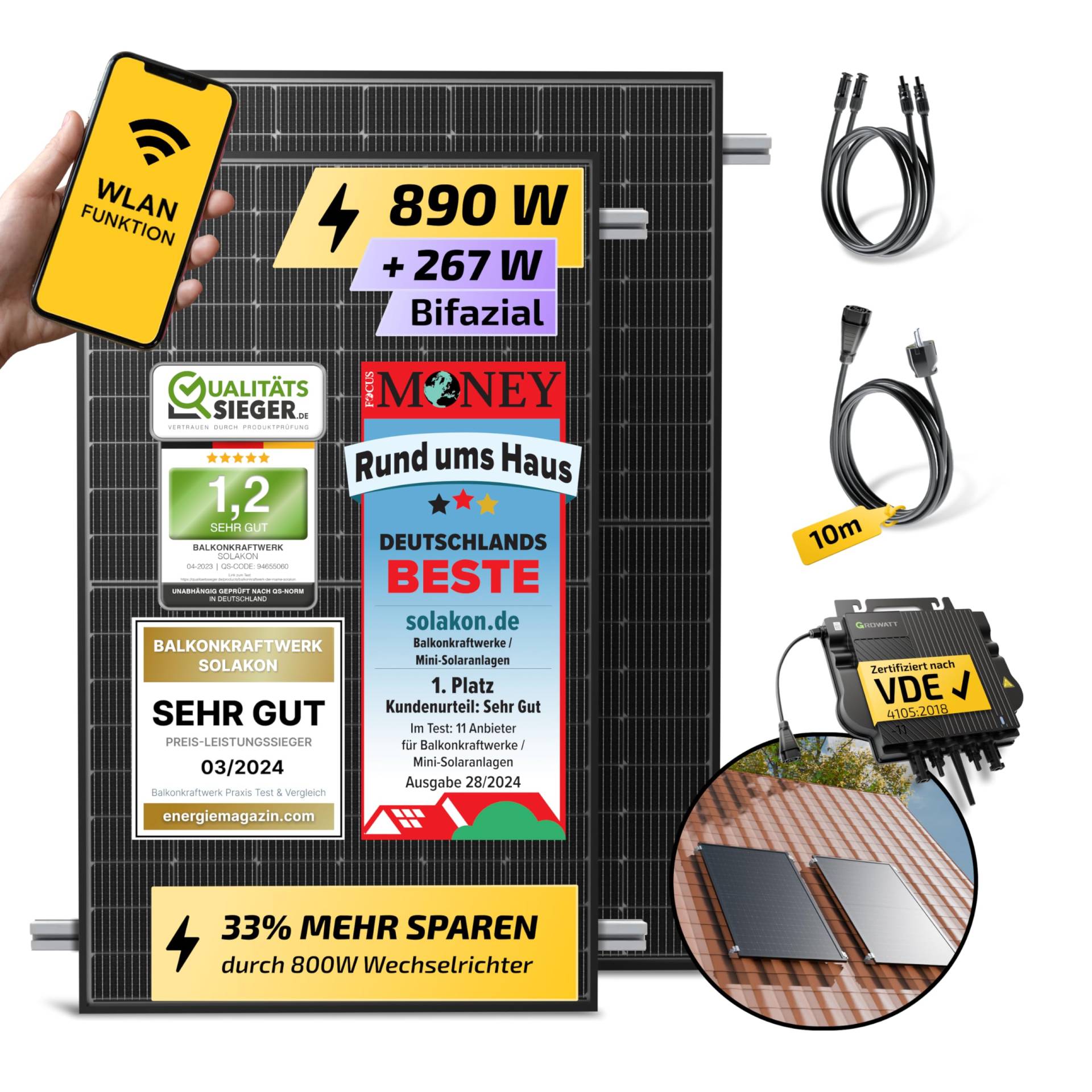 Solakon® 890W Balkonkraftwerk mit Halterung (Ziegeldach, Einzelmontage) - 800W komplett Steckdose - neuester 800 Watt Wechselrichter - Solaranlage Komplettset - 445W bifaziale Solarmodule inkl Zubehör von Solakon