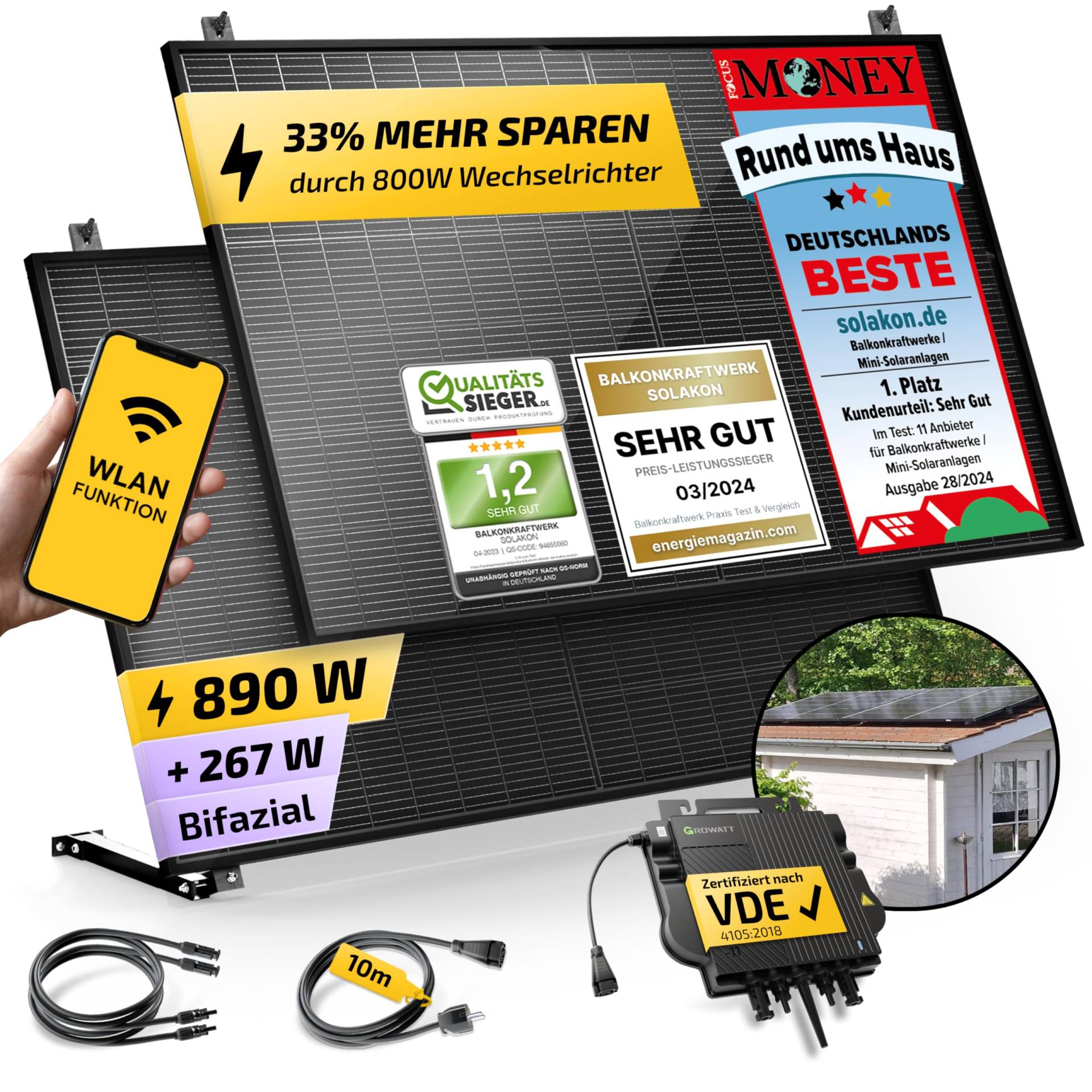 Solakon 890W Balkonkraftwerk mit Halterung (Gartenhaus) - Balkonkraftwerk 800W komplett Steckdose - neuester 800 Watt Wechselrichter - Solaranlage Komplettset - 445W bifaziale Solarmodule inkl Zubehör von Solakon