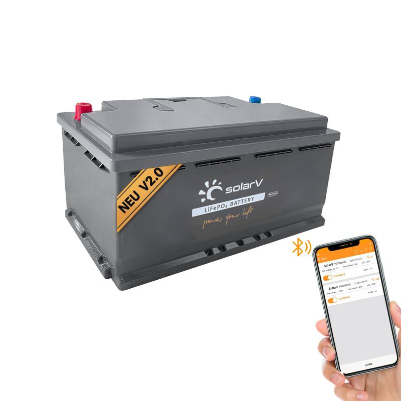 SolarV LiFePO4 12V 100Ah Batterie mit 100A BMS und Bluetooth für Solaranlage, Wohnmobil, Boot, Zuhause, Camping, 10 Jahre Lebensdauer, idealer Ersatz für Blei-Säure-AGM-Batterien von SolarV