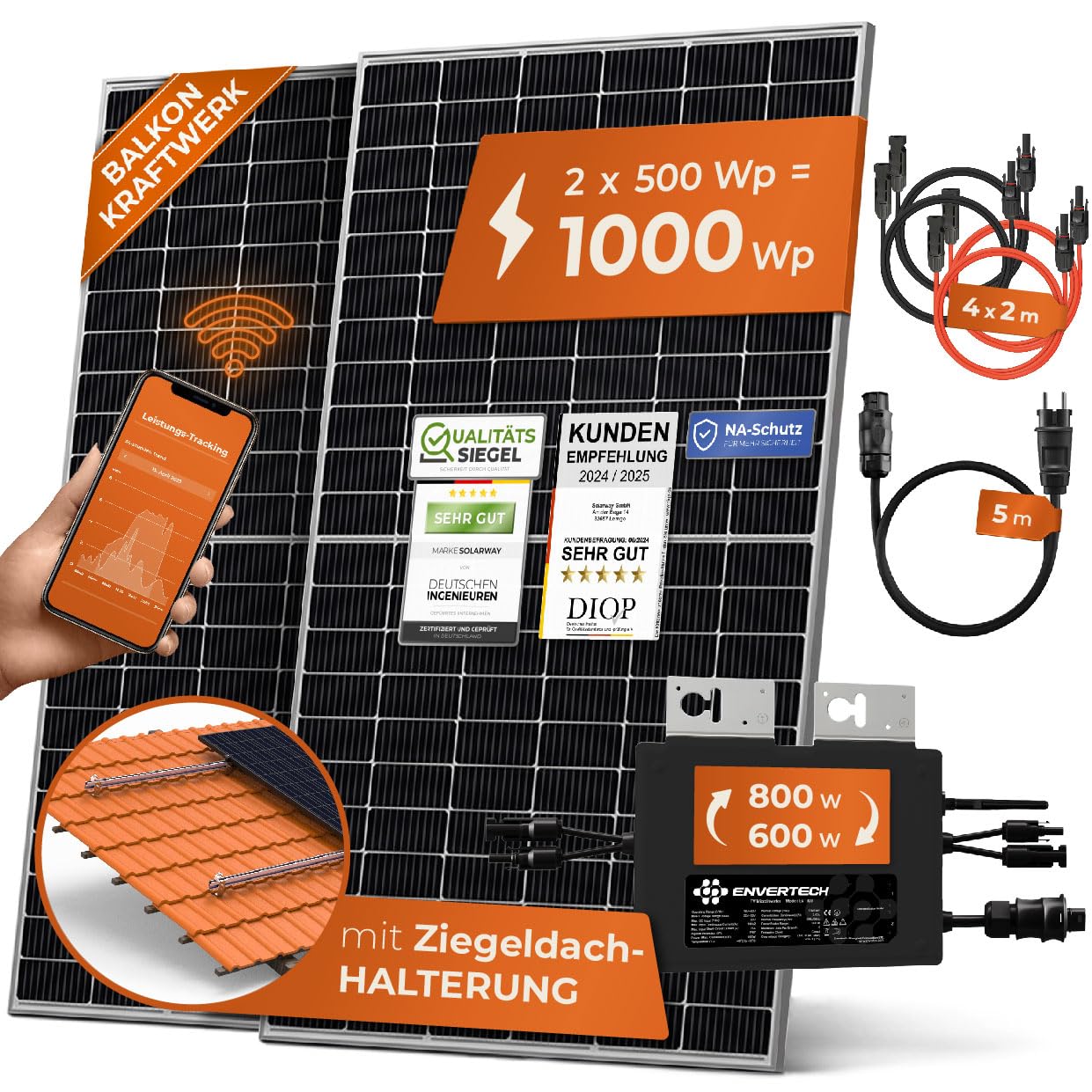 Solarway® 1000W Balkonkraftwerk 800W komplett Steckdose - neuester 800 Watt Wechselrichter - Solaranlage Komplettset - 500W Solarmodule & Envertech & Zubehör von Solarway