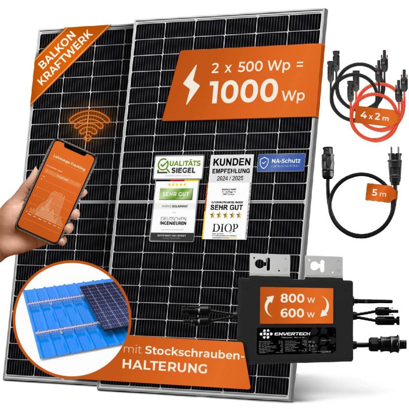 Solarway® 1000W Balkonkraftwerk 800W komplett Steckdose - neuester 800 Watt Wechselrichter - Solaranlage Komplettset - 500W Solarmodule & Envertech & Zubehör von Solarway