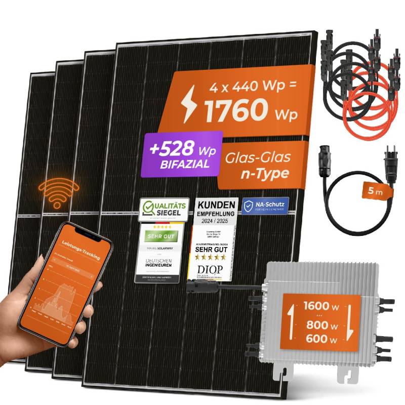 Solarway® 1760W Balkonkraftwerk 1600W komplett Steckdose - neuester 1600 Watt Wechselrichter - Solaranlage Komplettset - 440W Solarmodule & Deye & Zubehör von Solarway