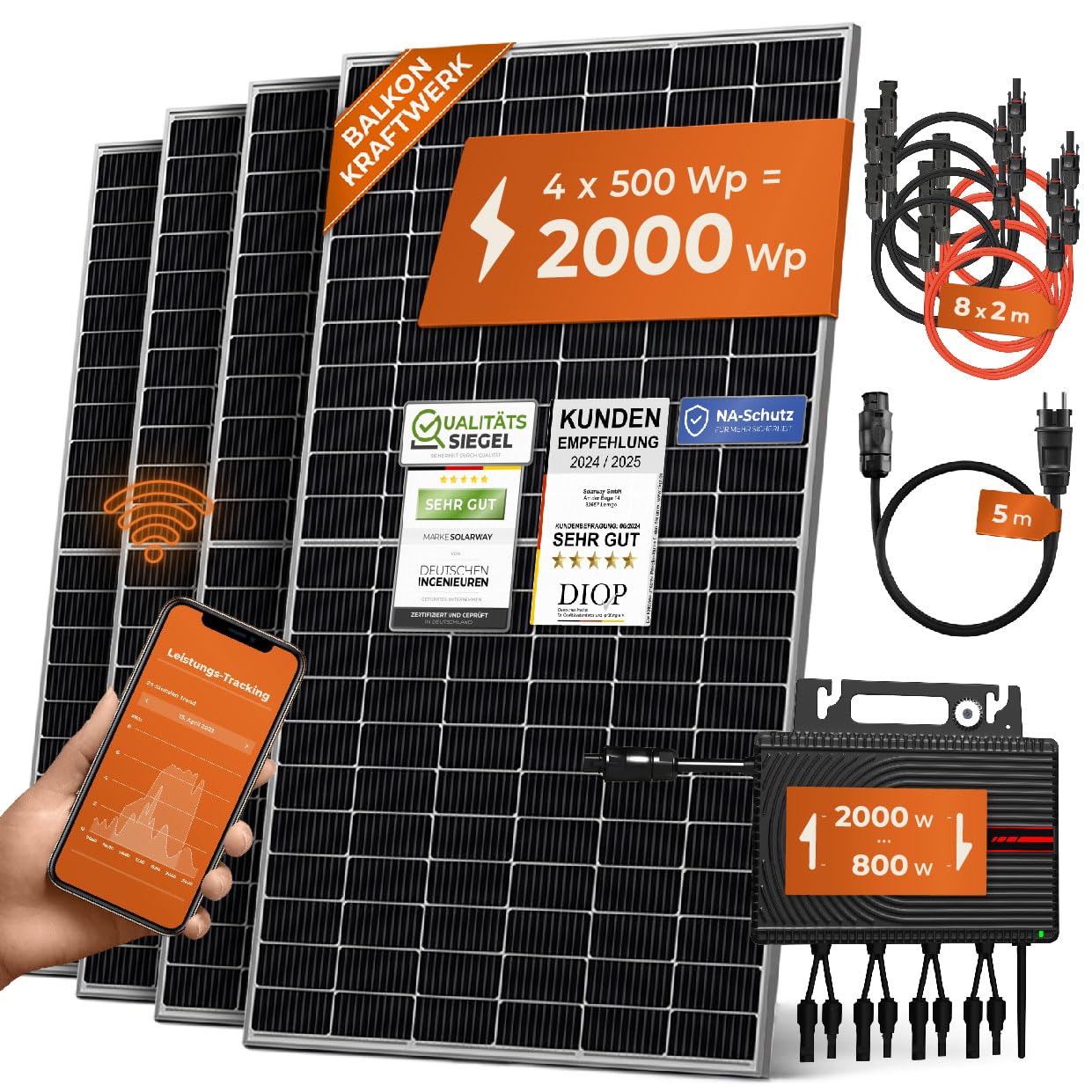 Solarway® Balkonkraftwerk 2000W komplett Steckdose - neuester 2000W Wechselrichter - Solaranlage Komplettset - 500W Solarmodule & Envertech & Zubehör von Solarway