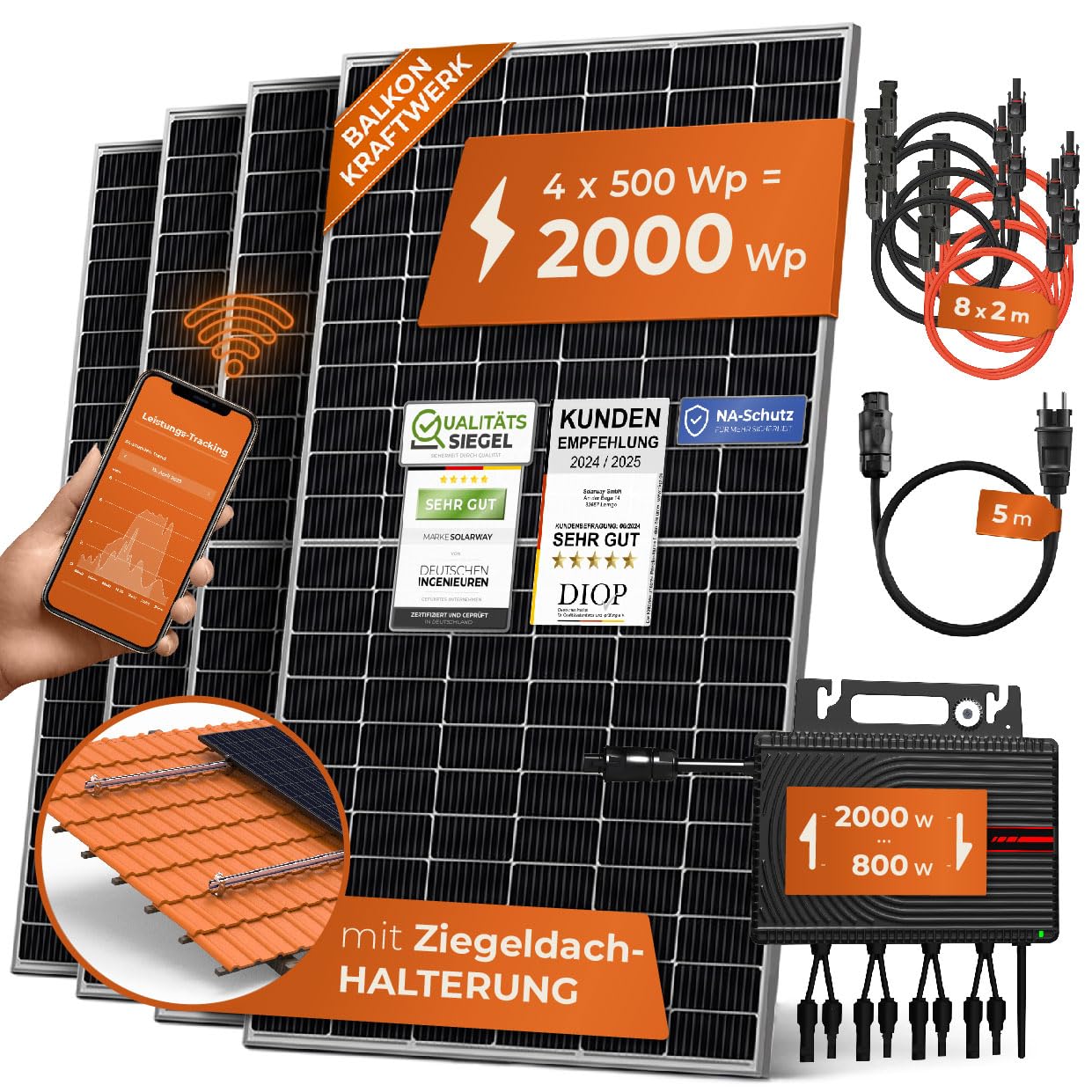 Solarway® Balkonkraftwerk 2000W komplett Steckdose - neuester 2000W Wechselrichter - Solaranlage Komplettset - 500W Solarmodule & Envertech & Zubehör von Solarway