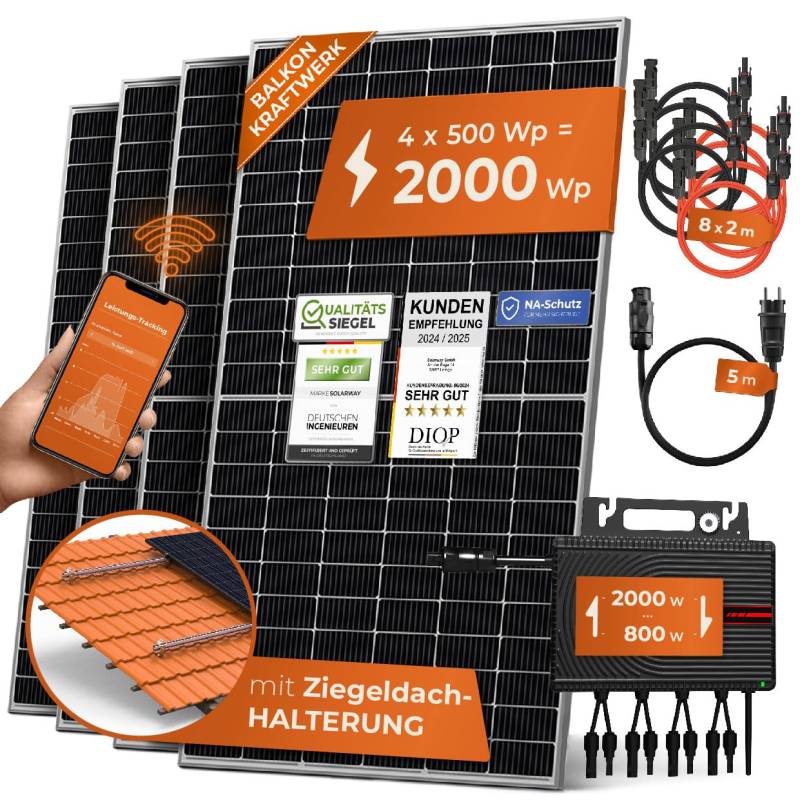 Solarway® Balkonkraftwerk 2000W komplett Steckdose - neuester 2000W Wechselrichter - Solaranlage Komplettset - 500W Solarmodule & Envertech & Zubehör von Solarway