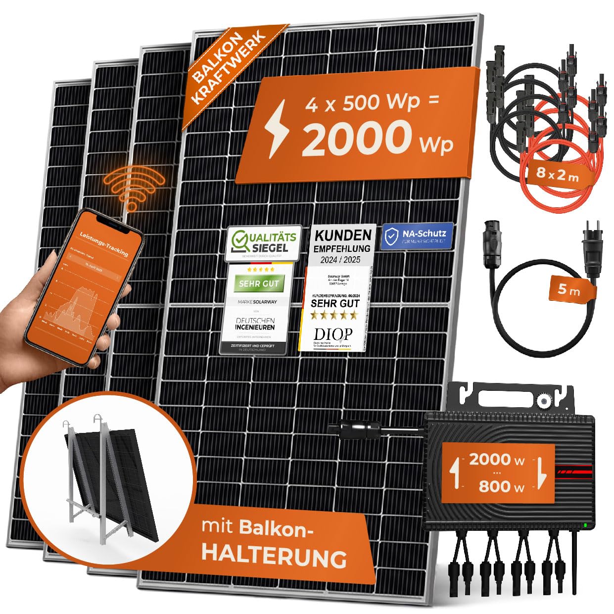 Solarway® Balkonkraftwerk 2000W komplett Steckdose - neuester 2000W Wechselrichter - Solaranlage Komplettset - 500W Solarmodule & Envertech & Zubehör von Solarway