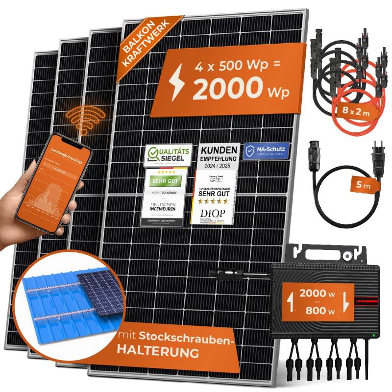 Solarway® Balkonkraftwerk 2000W komplett Steckdose - neuester 2000W Wechselrichter - Solaranlage Komplettset - 500W Solarmodule & Envertech & Zubehör von Solarway