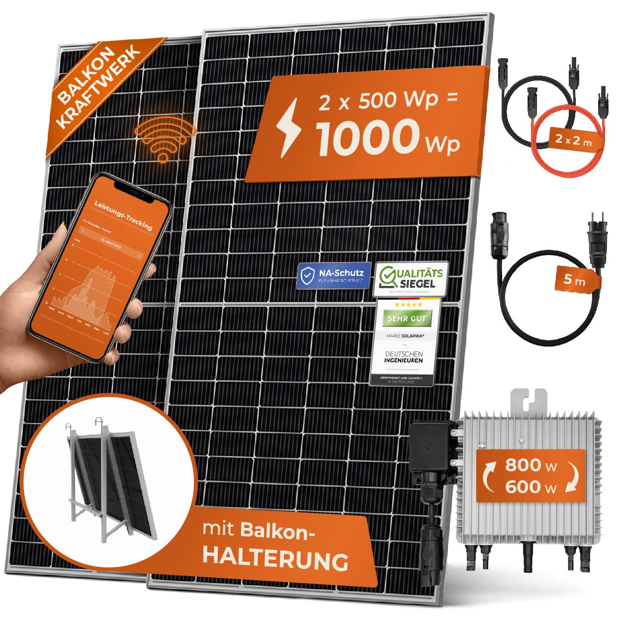 Solarway 840W Balkonkraftwerk 800W Komplett Steckdose - Ausgang einstellbar 600/800W - 2x420W Bifaziale Glas/Glas n-Type JaSolar-Module, Wechselrichter mit APP&WiFi, Plug&Play von Solarway