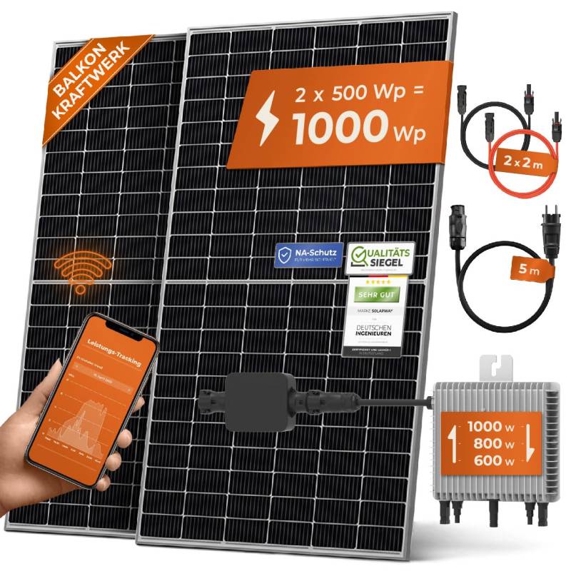 Solarway Balkonkraftwerk 1000W Komplett Steckdose - Ausgang einstellbar 600/800/1000W - 2x500W JaSolar-Module, Wechselrichter mit APP&WiFi, Plug&Play von Solarway