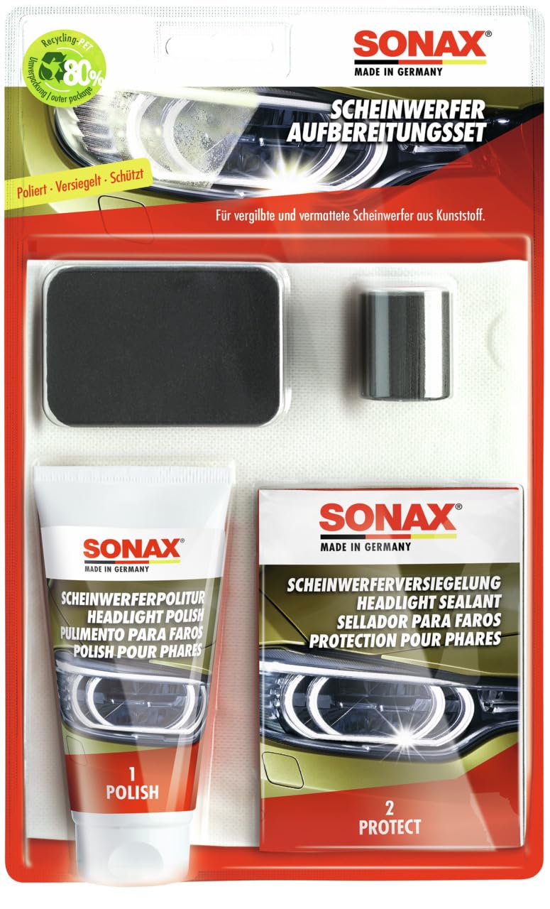 SONAX Scheinwerfer AufbereitungsSet (85 ml) reinigt und poliert vermattete und vergilbte Scheinwerfer aus Kunststoff - versiegelt und schützt | Art-Nr. 04059410 von SONAX