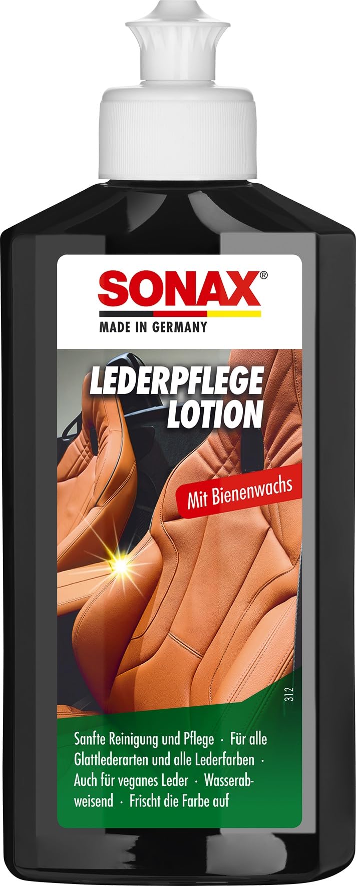 SONAX LederPflegeLotion (250 ml) wasserabweisende Lederpflege mit Bienenwachs für eine sanfte Reinigung und Pflege von Glattleder und Kunstleder | Art-Nr. 02911410 von SONAX
