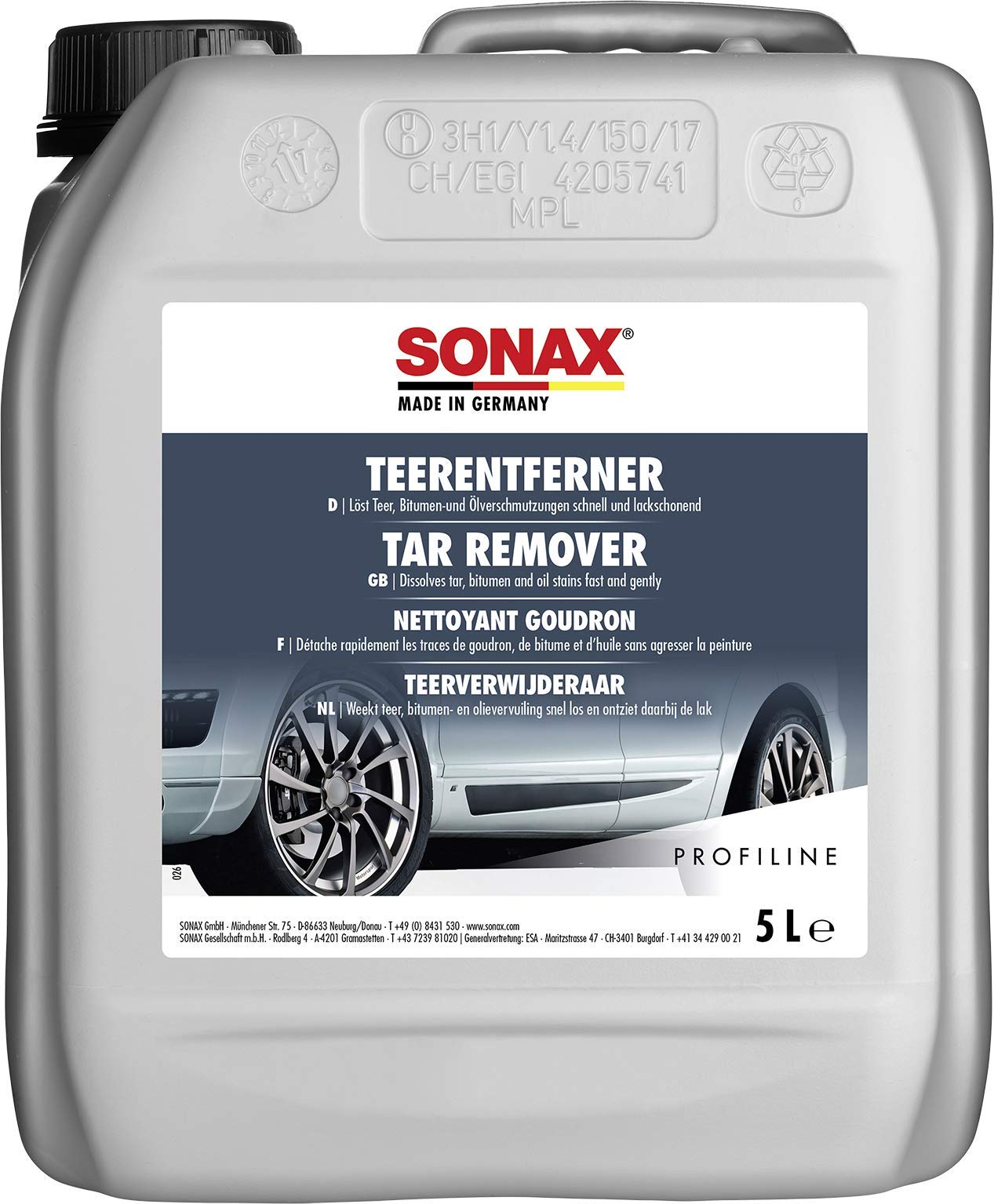 SONAX PROFILINE TeerEntferner (5 Liter) löst schonend und gründlich hartnäckige Verschmutzungen wie Teer- und Ölflecken von Lack und Chrom | Art-Nr. 03045050, Grey von SONAX