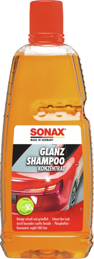 SONAX GlanzShampoo Konzentrat (1 Liter) durchdringt und löstr Schmutz gründlich, ohne Angreifen der Wachs-Schutzschicht | Art-Nr. 03143000 von SONAX