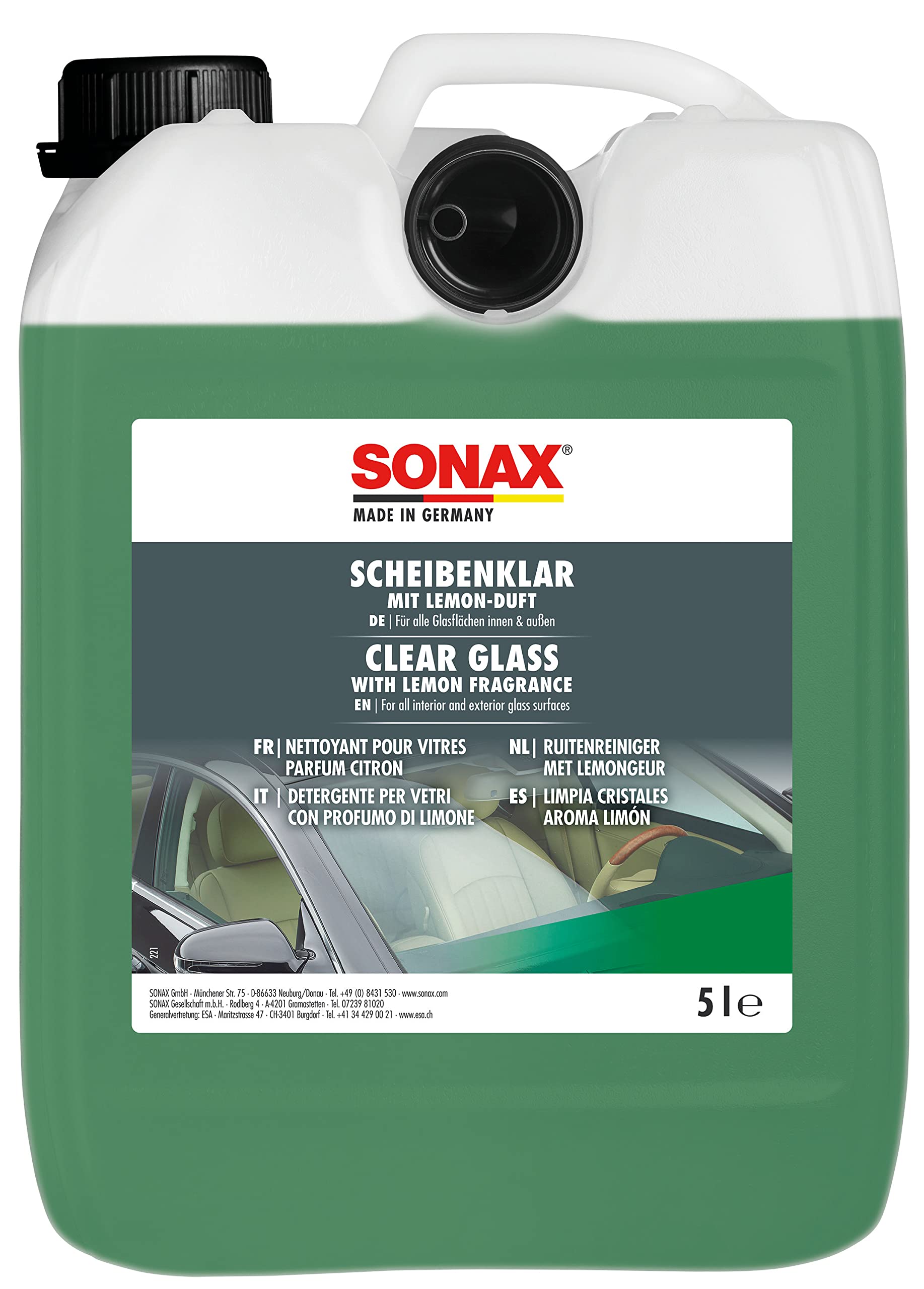 SONAX ScheibenKlar (5 Liter) zum Entfernen von Silikon-, Öl- und Insektenverschmutzungen von Fahrzeugscheiben und Scheinwerfern, Art-Nr 03385050 von SONAX