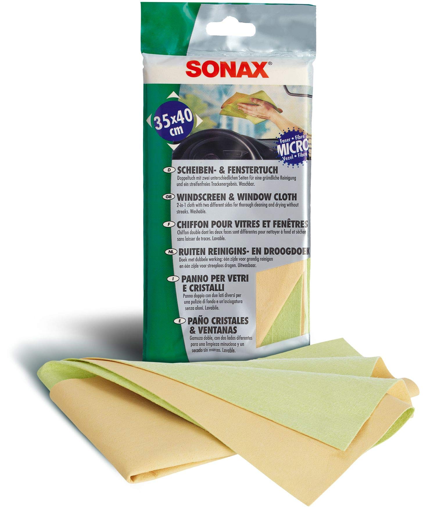 SONAX Scheiben- & FensterTuch (1 Stück) mit zwei unterschiedlichen Seiten für eine gründliche Reinigung und ein streifenfreies Trockenergebnis | Art-Nr. 04167000 von SONAX