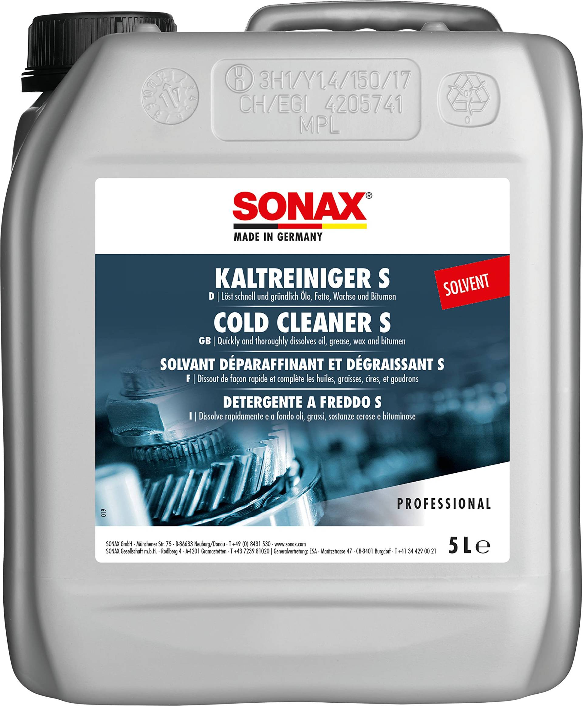 SONAX KaltReiniger S (5 Liter) auf Lösemittelbasis zur Reinigung von öl- und fettverschmutzten Teilen Aggregaten und Werkzeugen | Art-Nr. 05425000 von SONAX