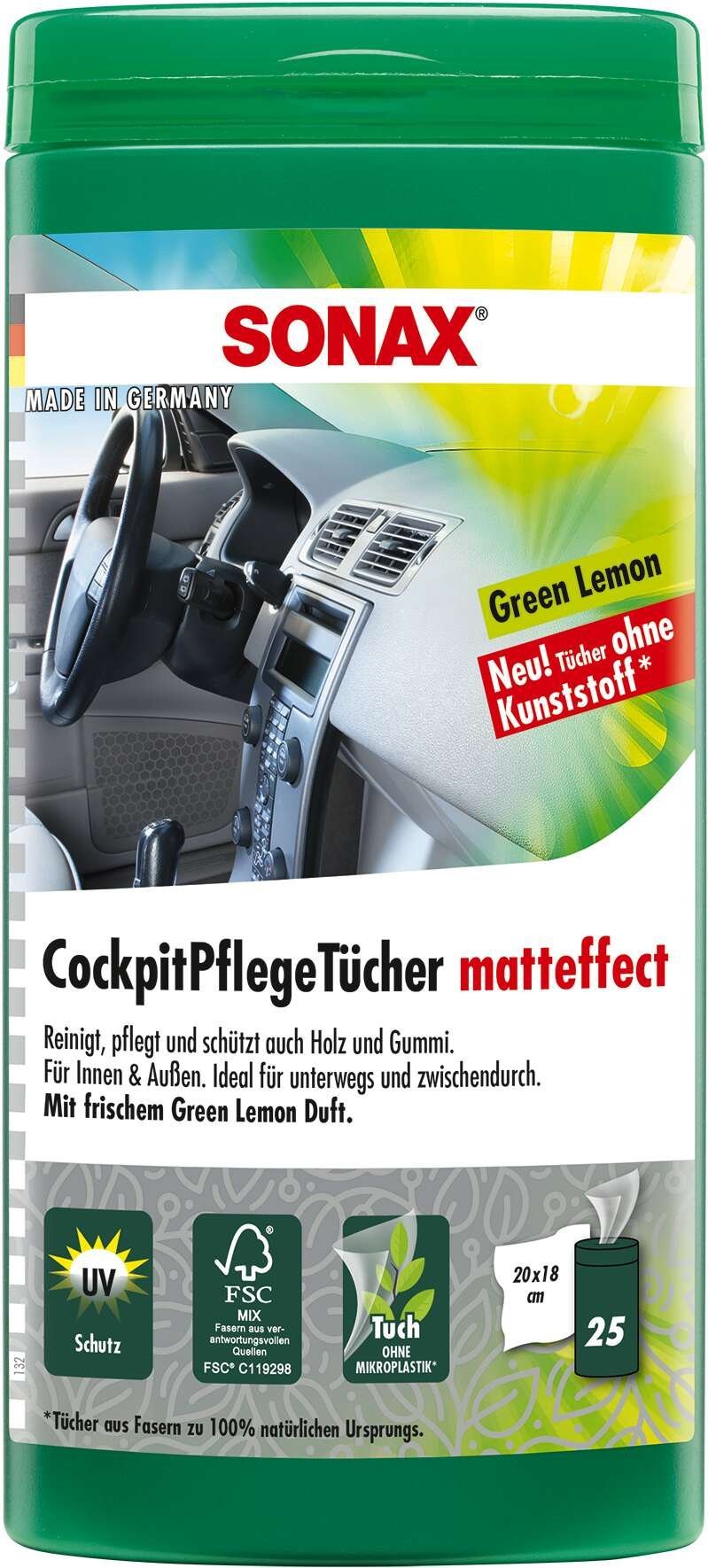 SONAX Cockpitpflegetücher PET-Dose 25 Feuchtücher GreenL Matteffect für Innen und Außen von Sonax