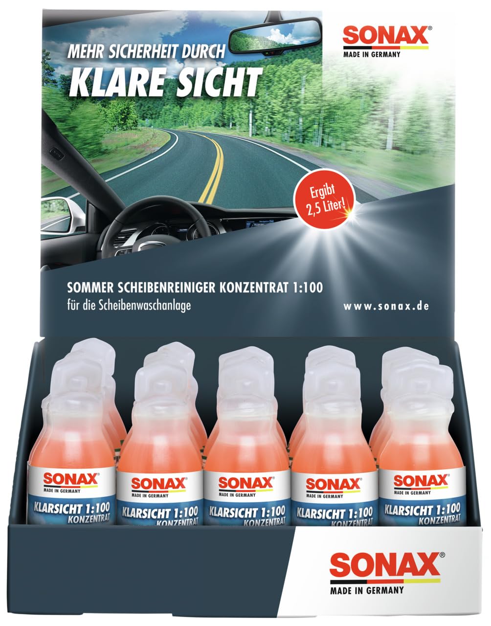 SONAX KlarSicht 1:100 Konzentrat (25 ml) hochkonzentrierter Reinigungszusatz für die Scheibenwaschanlage im Sommerbetrieb | Art-Nr. 03711000 von SONAX