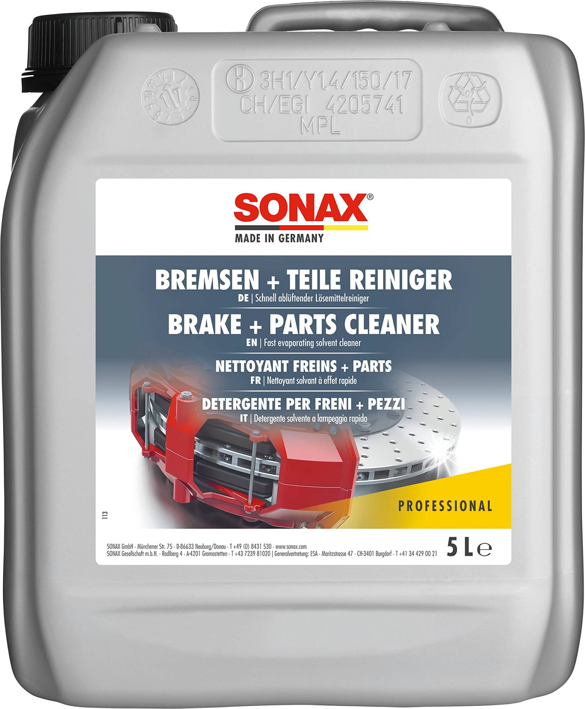 SONAX Bremsen + TeileReiniger (5 Liter) Bremsenreiniger entfernt Bremsstaub sowie öl-, fett- und silikonhaltige Verschmutzungen und Verkrustungen | Art-Nr. 04835050 von SONAX