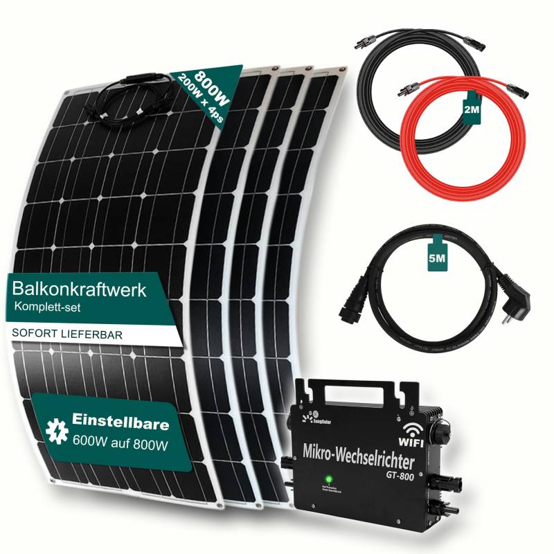 Balkonkraftwerk 800w mit 4 x 200w Solar Module, GT-800W Wechselrichter mit Wifi funktion + 5m Schuko kabel + 2 x 2m MC4 Kabel(800 Watts) (Schwarz) von SongSolar