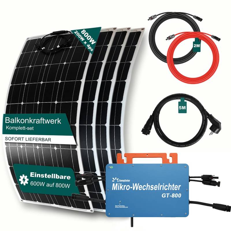 Balkonkraftwerk 800w mit 4 x 200w Solar Module, GT-800W Wechselrichter mit Wifi funktion + 5m Schuko kabel + 2 x 2m MC4 Kabel(800 Watts) (Silber) von SongSolar