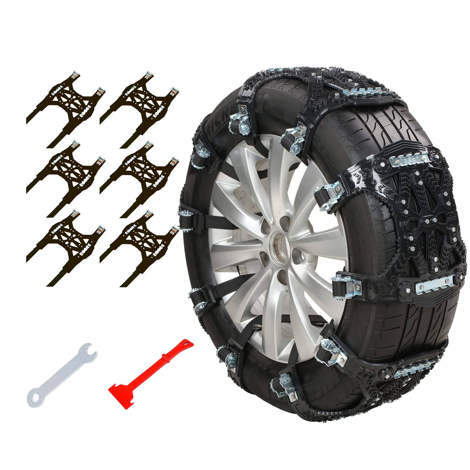 Y-KINZ 6PCS Snow Chains Anti skid Adjustable Tyre Width165-265mm Universal Snow Chains for Car Truck SUV Safety Ice Slush Tire Universal Snow Chain with Plastic Snow Shovel and Wrench von Sonriia