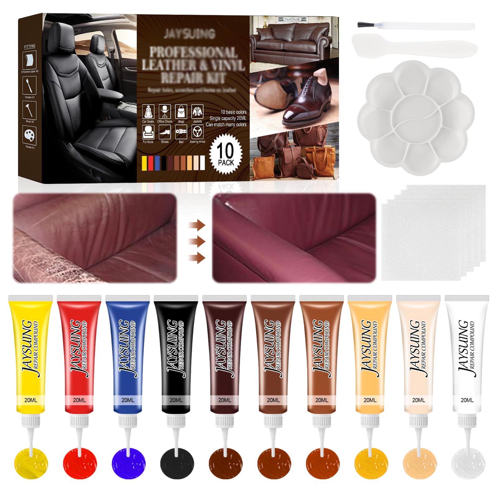 Sophisticate 10 Farben Leder Reparatur Set,Lederreparatur Creme,Lederfarbe Creme,Kunstleder Reparaturset,Leder Reparatursätze Mischbare Lederreparaturset fur Autositze Sofa Lederjacke Lederkratzern von Sophisticate