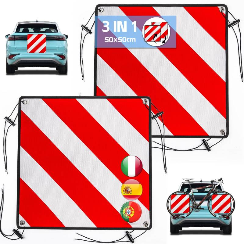 Sorlpv 2 Stück Warntafel für Italien Spanien Portugal, 3 In 1 Alu Reflektierend Warnschild 50x50CM mit Spannseile & Eckenschützer, Zertifizierte für Fahrradträger Heckträger Anhänger Auto Wohnmobil von Sorlpv