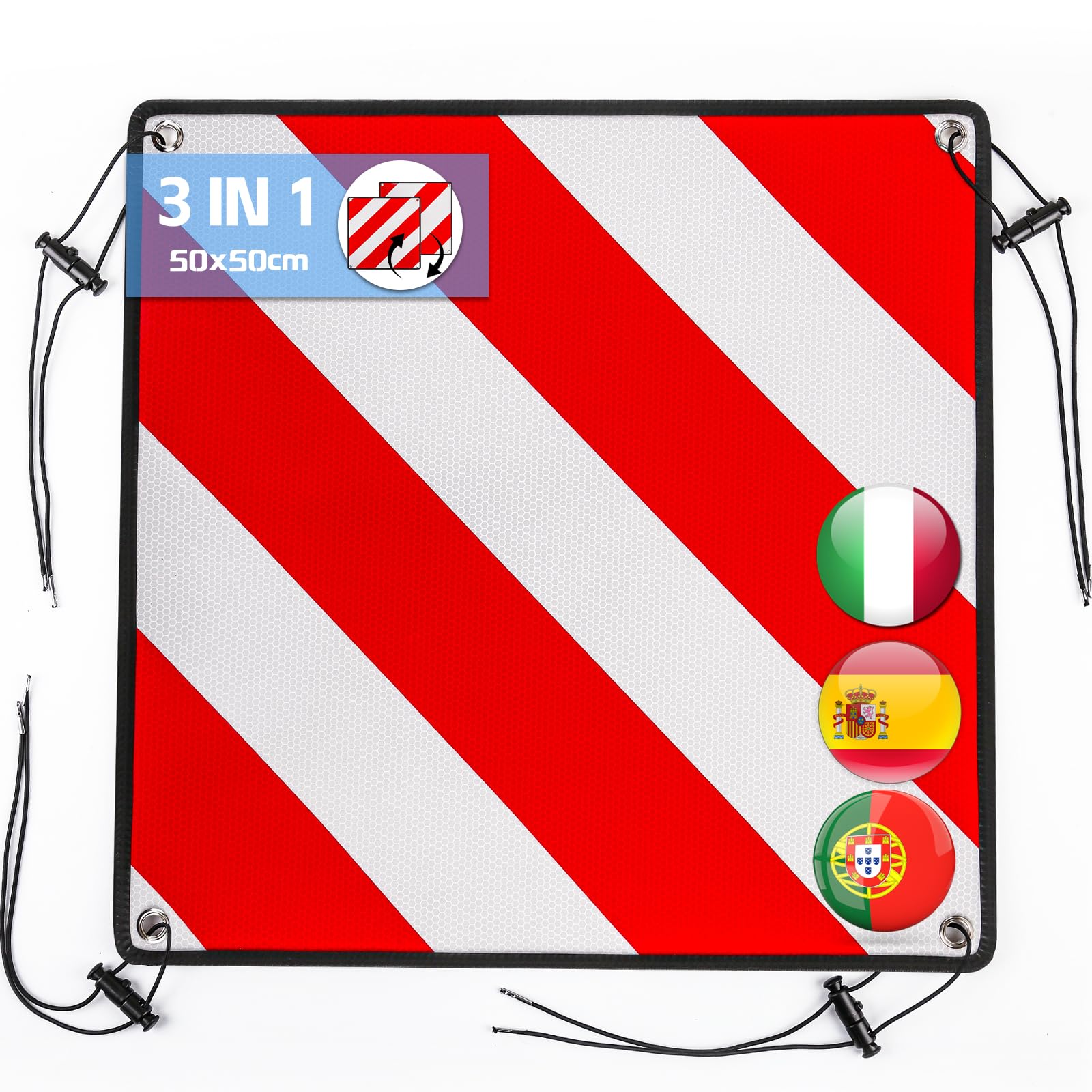 Sorlpv 3 In 1 Warntafel für Italien Spanien Portugal, Alu Reflektierend Warnschild 50x50CM mit Spannseile & Eckenschützer, Zertifizierte für Fahrradträger Heckträger Anhänger Auto Wohnmobil - 1 Stück von Sorlpv