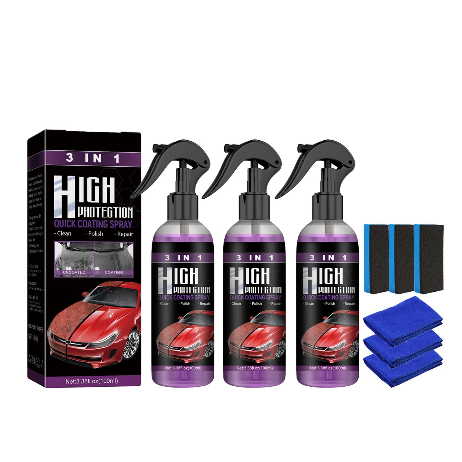 Homebbc 3 in 1 High Protection Quick Car Coating Spray, 3 in1 Hochschutz-Autobeschichtungsspray, Nano Auto Kratzer Reparatur Spray (3sets) von Sovtay