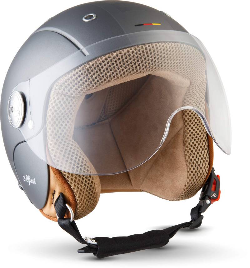 Soxon® SK-55 „Plus Titan“ · Kinder Jet-Helm · Motorrad-Helm Kinder-Helm Roller-Helm Kids Scooter-Helm Vespa Bobber Mofa-Helm Chopper · ECE 22.05 Visier Schnellverschluss SlimShell Tasche XS (51-52cm) von Soxon