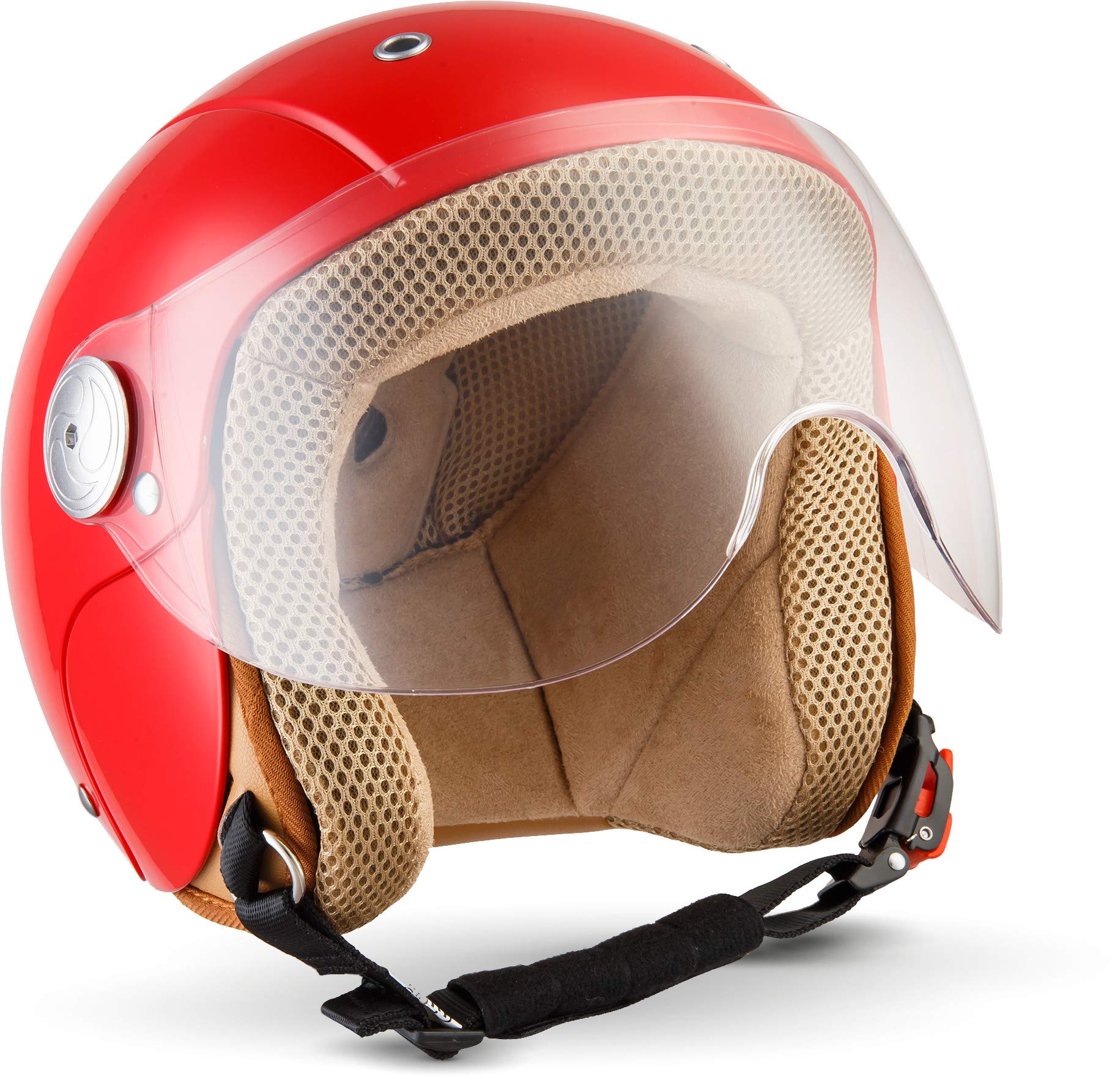 Soxon® SK-55 „Red“ · Kinder Jet-Helm · Motorrad-Helm Kinder-Helm Roller-Helm Kids Scooter-Helm Vespa Bobber Mofa-Helm Chopper Retro · ECE 22.05 Visier Schnellverschluss SlimShell Tasche XS (51-52cm) von Soxon