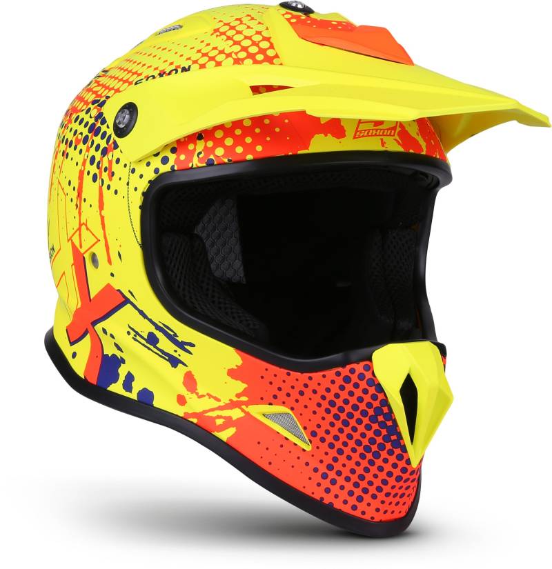 Soxon® SKC-33 „Fusion Neon“ · Kinder Cross-Helm · Motorrad-Helm MX Cross-Helm MTB BMX Cross-Bike Downhill Off-Road Enduro-Helm · ECE 22.05 Schnellverschluss SlimShell Tasche XS (51-52cm) von Soxon