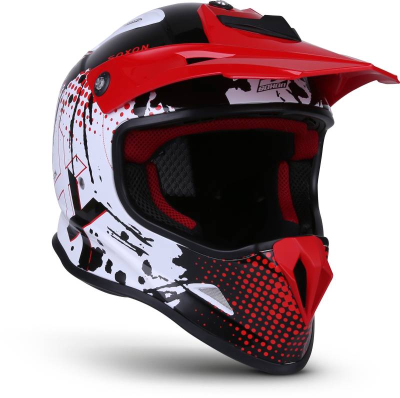 Soxon® SKC-33 „Fusion White Red“ · Kinder Cross-Helm · Motorrad-Helm MX Cross-Helm MTB BMX Cross-Bike Downhill Off-Road Moto-Cross · ECE 22.05 Schnellverschluss SlimShell Tasche XS (51-52cm) von Soxon