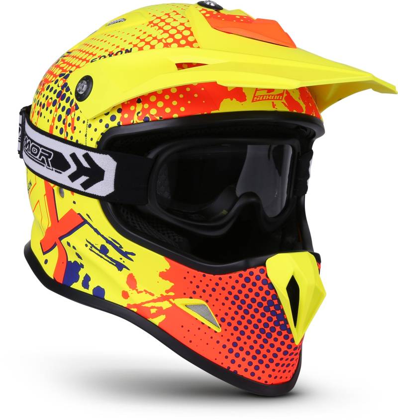 Soxon® SKC-33 Set „Fusion Neon“ · Kinder Cross-Helm · Motorrad-Helm MX Cross-Helm MTB BMX Cross-Bike Downhill Off-Road Moto-Cross · ECE 22.05 Schnellverschluss SlimShell Tasche XXS (49-50cm) von Soxon