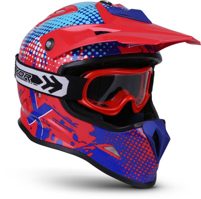 Soxon® SKC-33 Set „Fusion Red Blue“ · Kinder Cross-Helm · Motorrad-Helm MX Cross-Helm MTB BMX Cross-Bike Downhill Off-Road Sport · ECE 22.05 Schnellverschluss SlimShell Tasche S (53-54cm) von Soxon