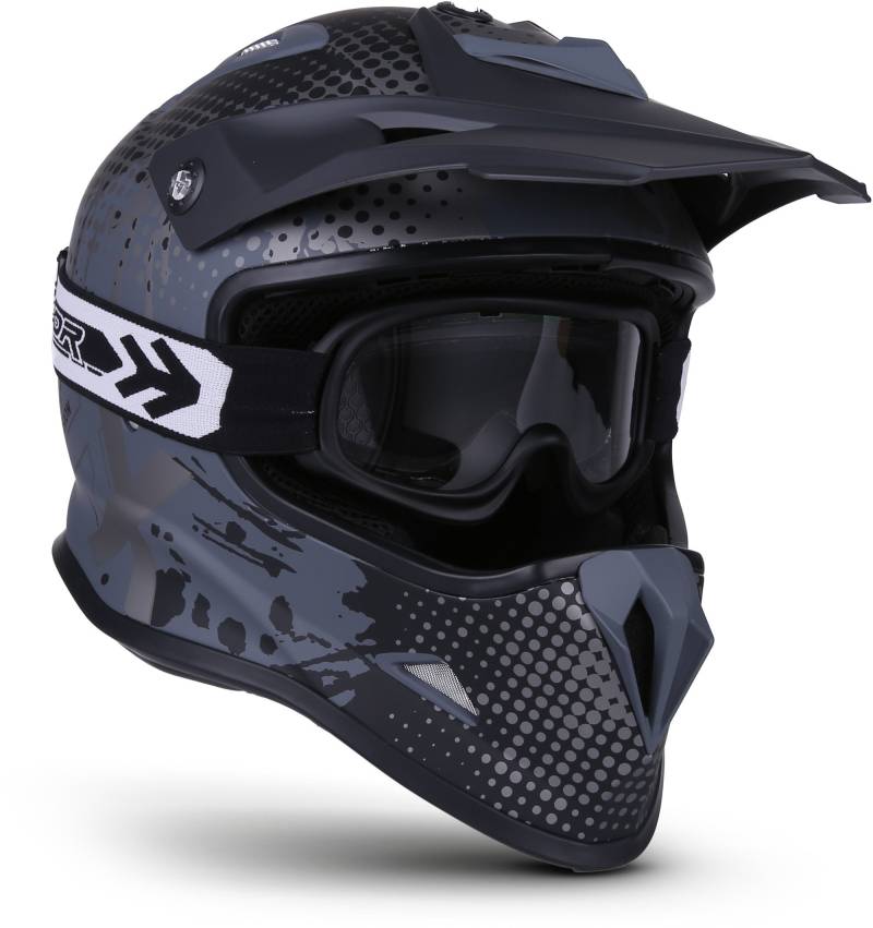 Soxon® SKC-33 Set „Fusion Titan“ · Kinder Cross-Helm · Motorrad-Helm MX Cross-Helm MTB BMX Cross-Bike Downhill Off-Road Sport · ECE 22.05 Schnellverschluss SlimShell Tasche XXS (49-50cm) von Soxon