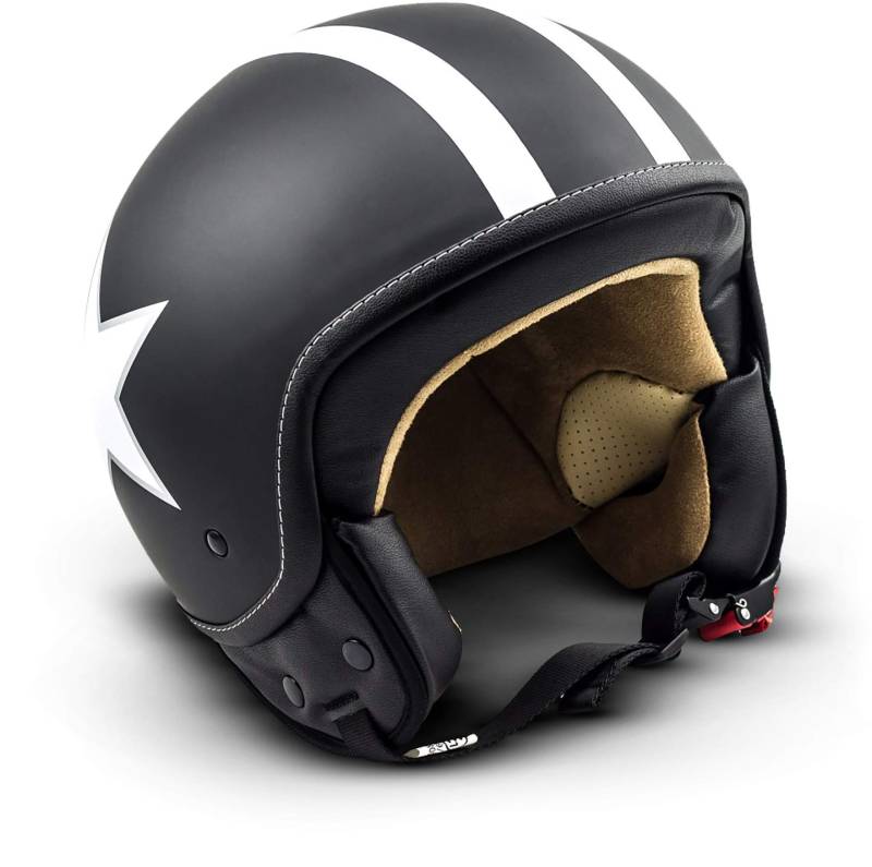 Soxon® SP-301 Star „Black“ · Jet-Helm · Motorrad-Helm Roller-Helm Scooter-Helm Moped Mofa-Helm Chopper Retro Vespa Vintage Pilot Biker Helmet Brille · ECE 22.05 Schnellverschluss Tasche L (59-60cm) von Soxon