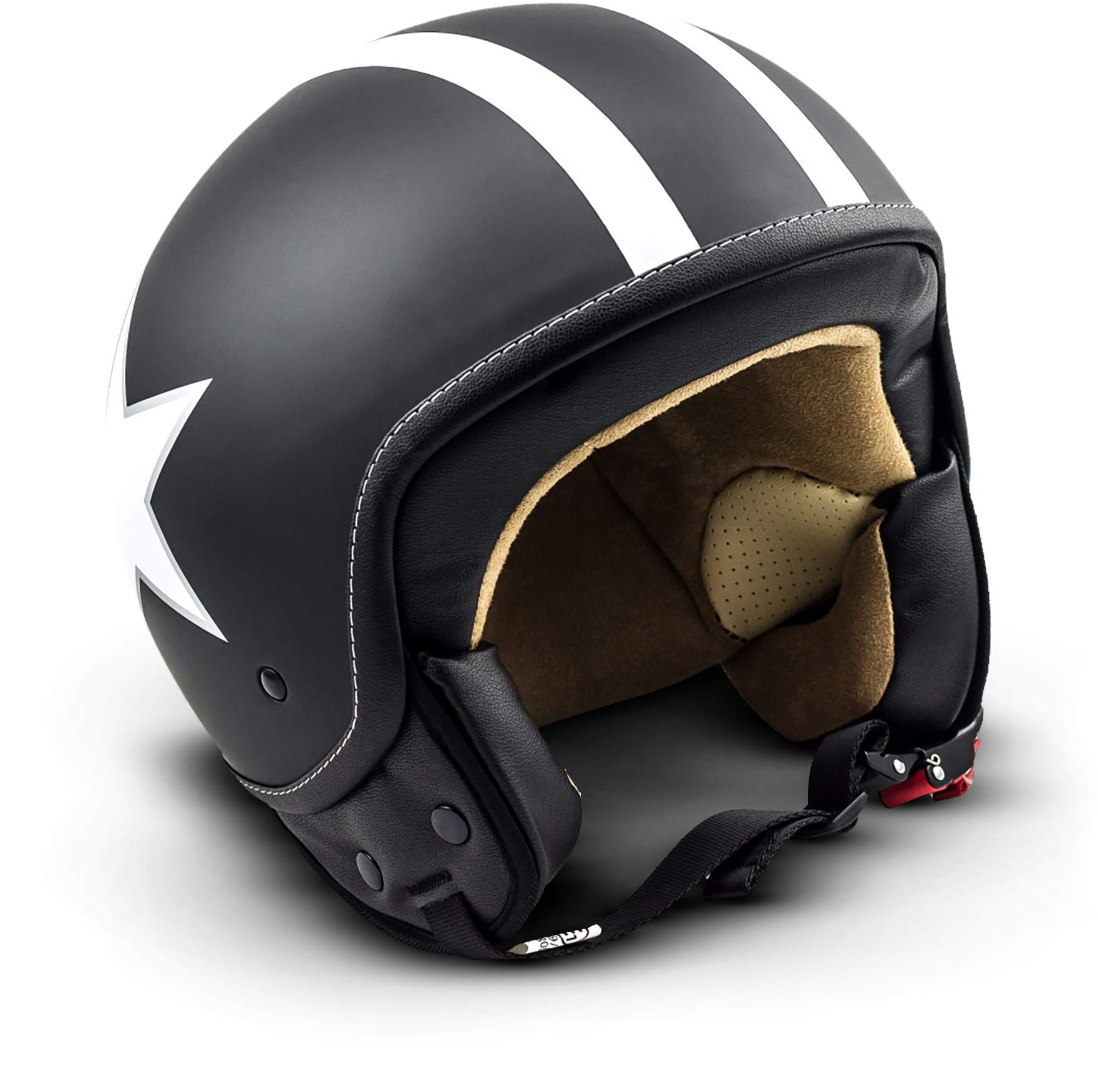 Soxon® SP-301 Star „Black“ · Jet-Helm · Motorrad-Helm Roller-Helm Scooter-Helm Moped Mofa-Helm Chopper Retro Vespa Vintage Pilot Biker Helmet Brille · ECE 22.05 Schnellverschluss Tasche M (57-58cm) von Soxon