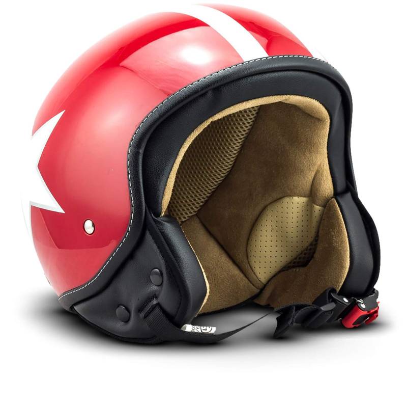 Soxon® SP-301 Star „Red“ · Jet-Helm · Motorrad-Helm Roller-Helm Scooter-Helm Moped Mofa-Helm Chopper Retro Vespa Vintage Pilot Biker Helmet Brille · ECE 22.05 Schnellverschluss Tasche L (59-60cm) von Soxon