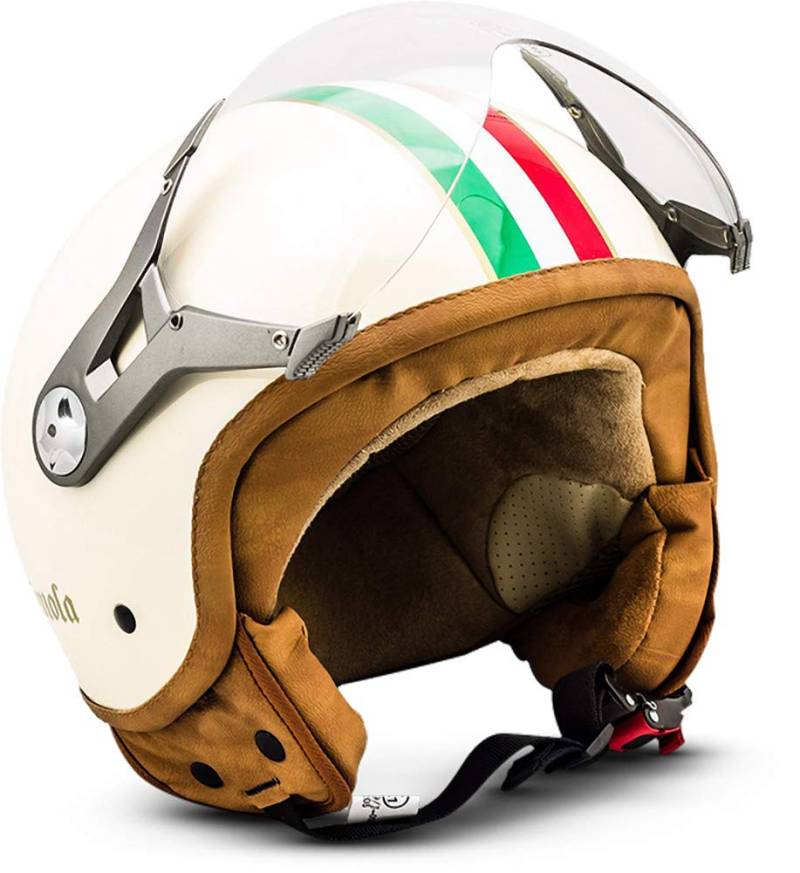 Soxon® SP-325 „Imola“ · Jet-Helm · Motorrad-Helm Roller-Helm Scooter-Helm Moped Mofa-Helm Chopper Retro Vespa Vintage Pilot Biker Helmet Brille · ECE 22.05 Visier Schnellverschluss Tasche L (59-60cm) von Soxon