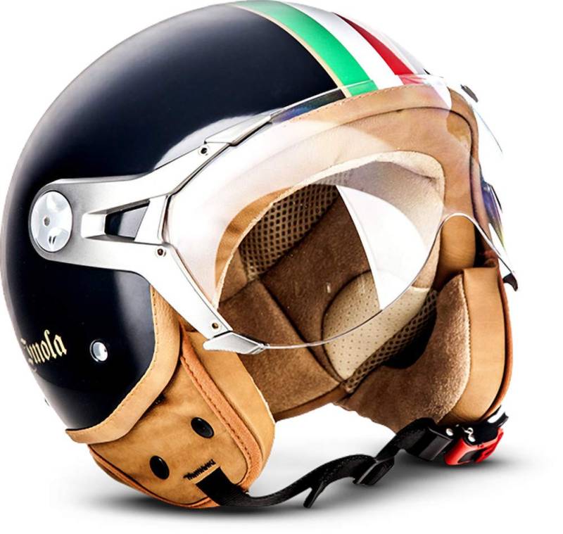 Soxon® SP-325 „Imola Black“ · Jet-Helm · Motorrad-Helm Roller-Helm Scooter-Helm Moped Mofa-Helm Chopper Retro Vespa Vintage Pilot Biker Helmet · ECE 22.05 Visier Schnellverschluss Tasche L (59-60cm) von Soxon