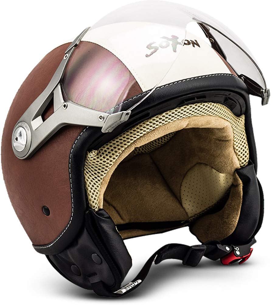 Soxon® SP-325 „Vintage“ · Jet-Helm · Motorrad-Helm Roller-Helm Scooter-Helm Moped Mofa-Helm Chopper Retro Vespa Vintage Pilot Biker Helmet · ECE 22.05 Visier Schnellverschluss Tasche XL (61-62cm) von Soxon