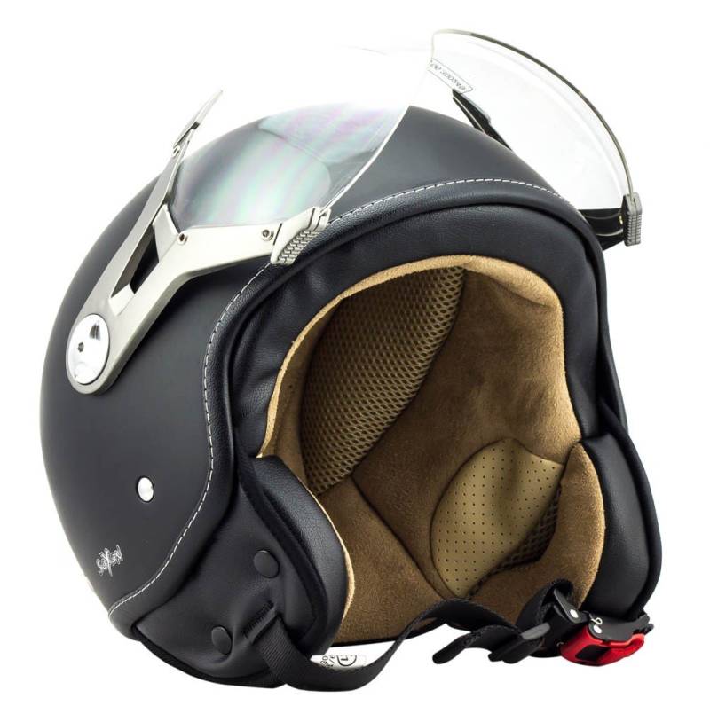 Soxon® SP-325 Mono „Night“ · Jet-Helm · Motorrad-Helm Roller-Helm Scooter-Helm Moped Mofa-Helm Chopper Retro Vespa Vintage Pilot Biker Helmet · ECE 22.05 Visier Schnellverschluss Tasche S (55-56cm) von Soxon