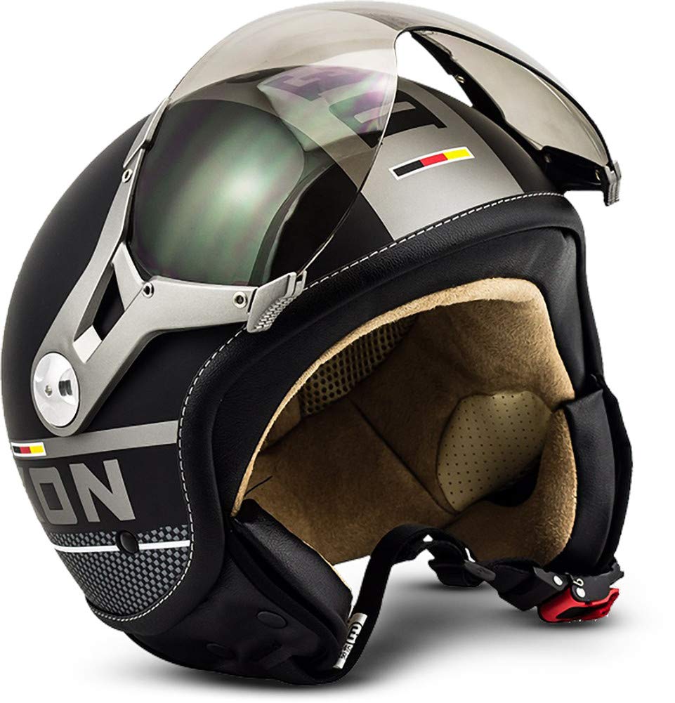 Soxon® SP-325 Plus „Black“ · Jet-Helm · Motorrad-Helm Roller-Helm Scooter-Helm Moped Mofa-Helm Chopper Retro Vespa Vintage Pilot Biker Helmet · ECE 22.05 Visier Schnellverschluss Tasche M (57-58cm) von Soxon