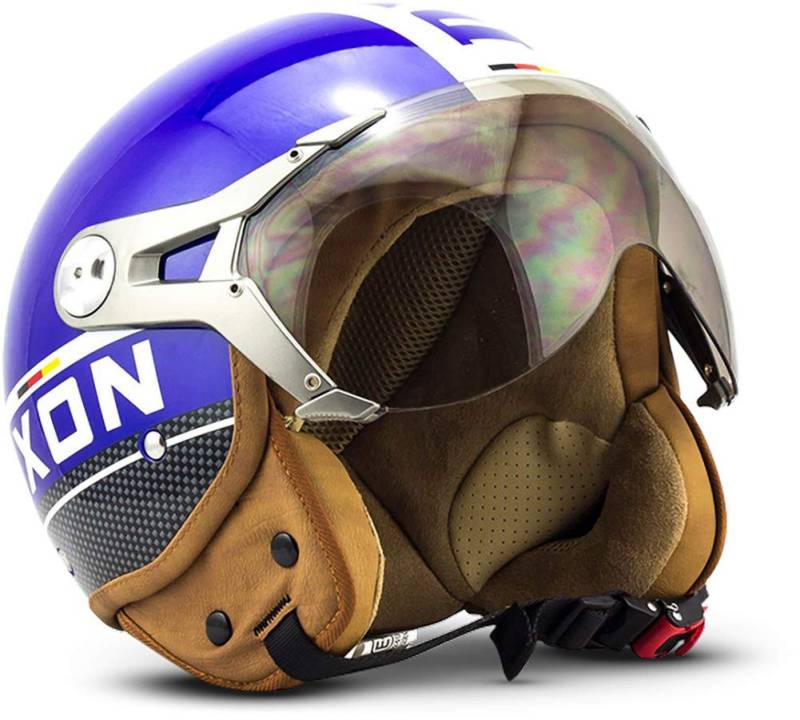 Soxon® SP-325 Plus „Blue“ · Jet-Helm · Motorrad-Helm Roller-Helm Scooter-Helm Moped Mofa-Helm Chopper Retro Vespa Vintage Pilot Biker Helmet · ECE 22.05 Visier Schnellverschluss Tasche L (59-60cm) von Soxon