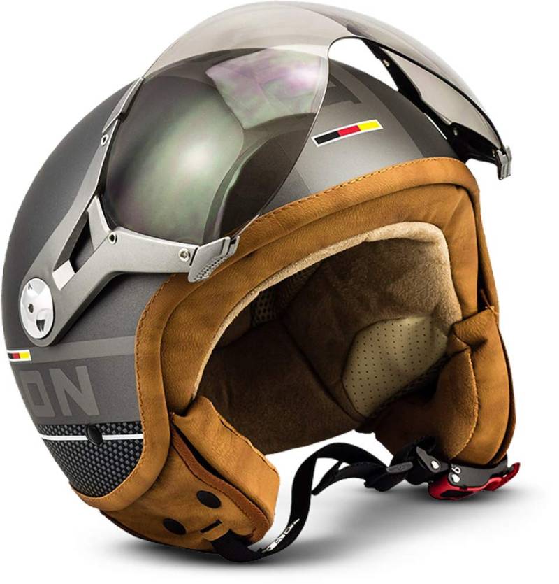 Soxon® SP-325 Plus „Titanium“ · Jet-Helm · Motorrad-Helm Roller-Helm Scooter-Helm Moped Mofa-Helm Chopper Retro Vespa Vintage Pilot Biker Damen · ECE 22.05 Visier Schnellverschluss Tasche XL (61-62cm) von Soxon