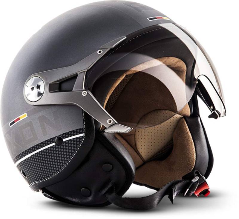 Soxon® SP-325 Plus „Titanium Ace“ · Jet-Helm · Motorrad-Helm Roller-Helm Scooter-Helm Moped Mofa-Helm Chopper Retro Vespa Vintage Pilot Biker · ECE 22.05 Visier Schnellverschluss Tasche XL (61-62cm) von Soxon